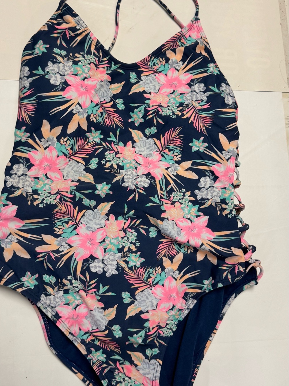 Arizona navy blue one piece summer swimsuit beachwear pink gray teal floral leaf